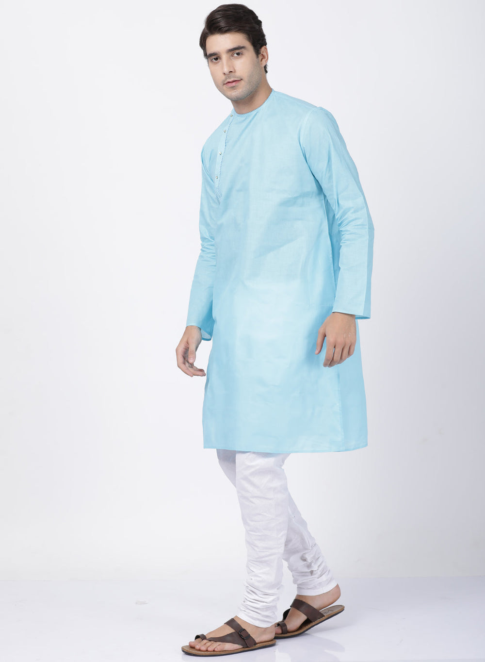 Sarvati Men's Light Blue Cotton Blend Kurta and Pyjama Set