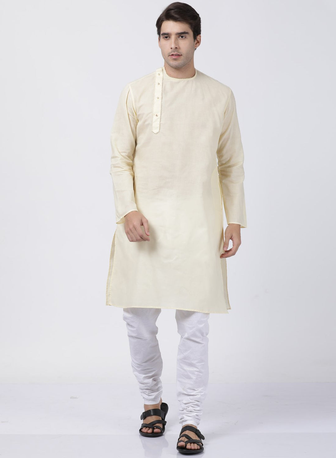 Sarvati Men's Cream Cotton Blend Kurta and Pyjama Set