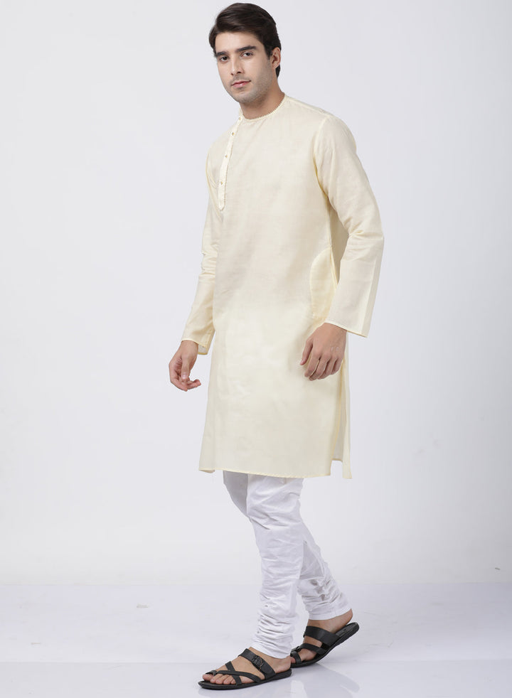 Sarvati Men's Cream Cotton Blend Kurta and Pyjama Set