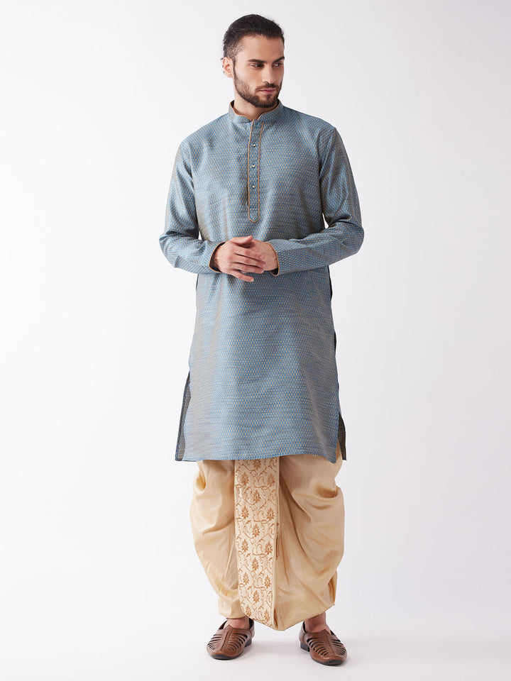 VASYTAMAY Men's Aqua Blue Silk Blend Kurta And Gold Dhoti Set