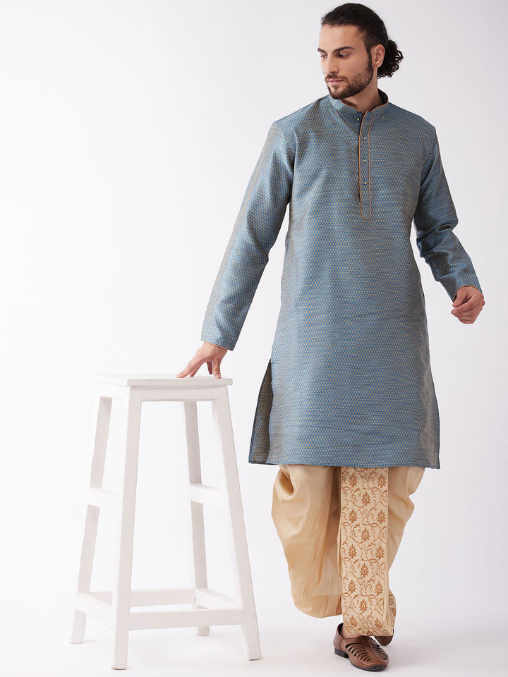 VASYTAMAY Men's Aqua Blue Silk Blend Kurta And Gold Dhoti Set