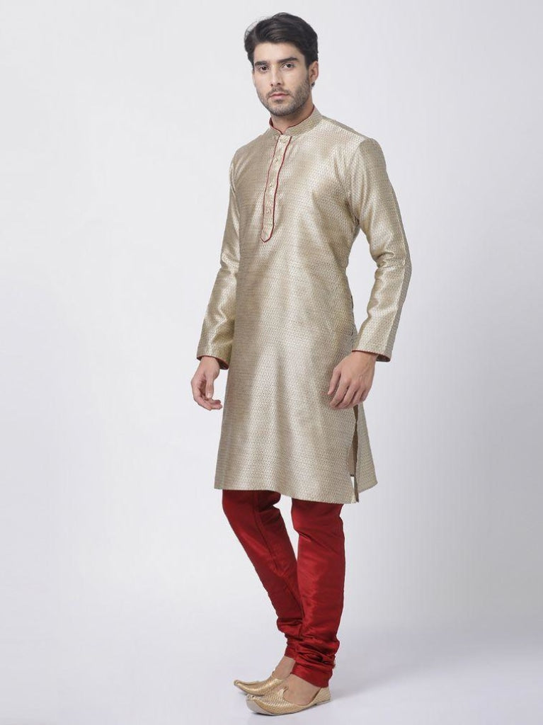 Sarvati Men's Beige Cotton Silk Blend Kurta and Pyjama Set