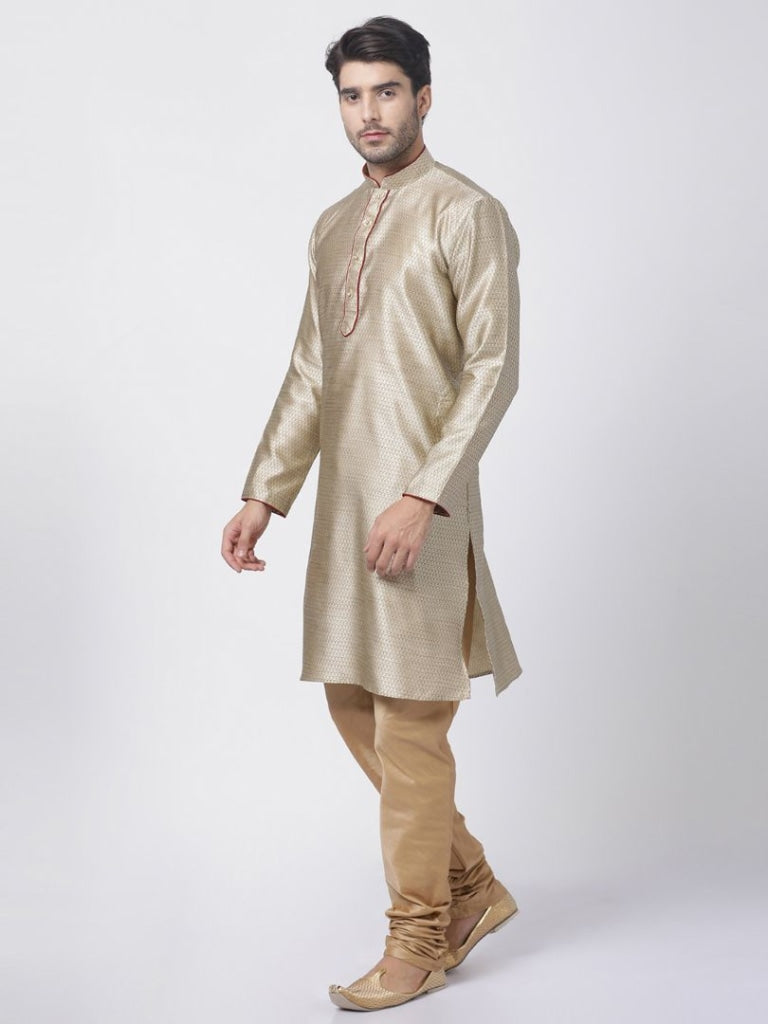 Sarvati Men's Beige Cotton Silk Blend Kurta and Pyjama Set