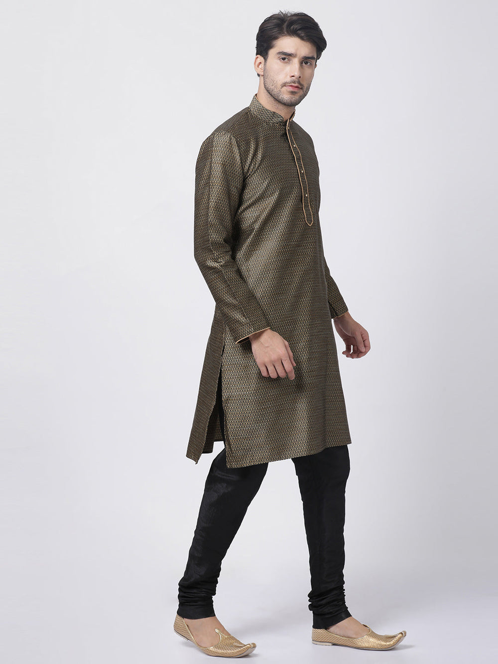 Sarvati Men's Black Cotton Silk Blend Kurta and Pyjama Set