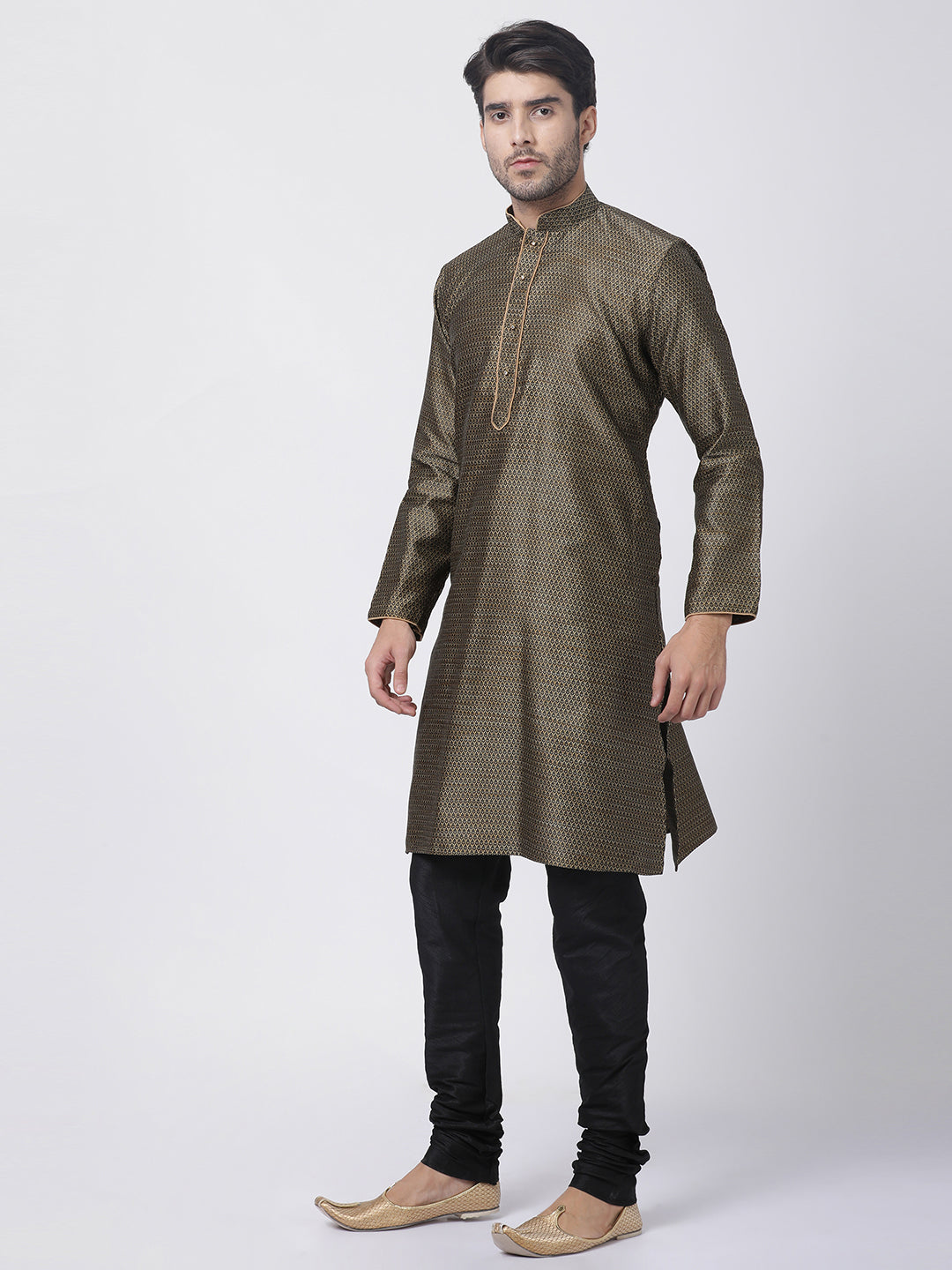 Sarvati Men's Black Cotton Silk Blend Kurta and Pyjama Set