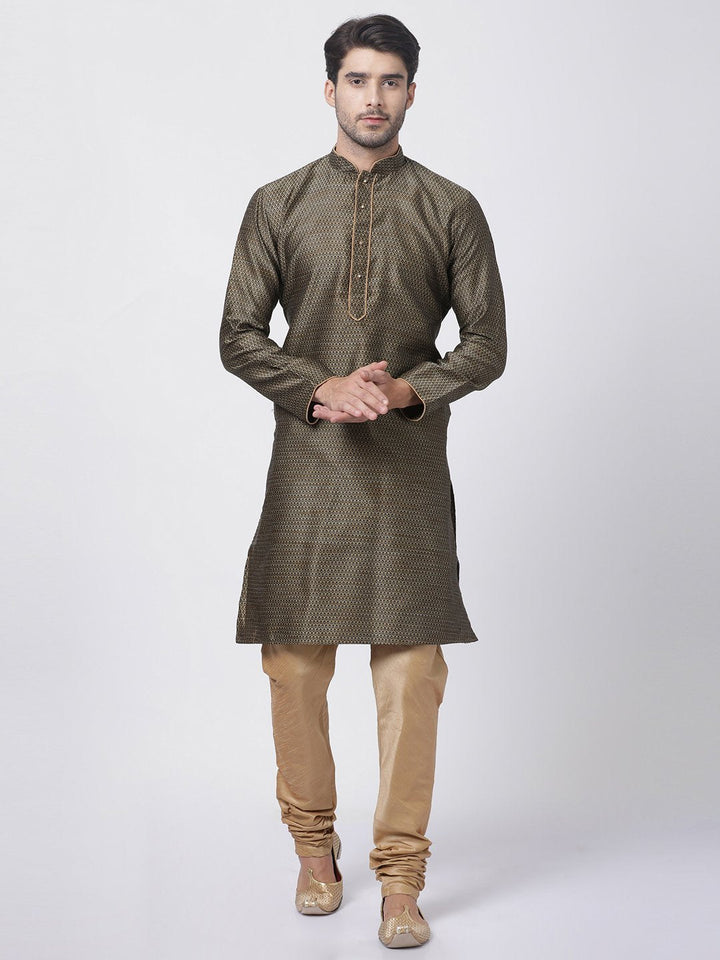 Sarvati Men's Black Cotton Silk Blend Kurta and Pyjama Set