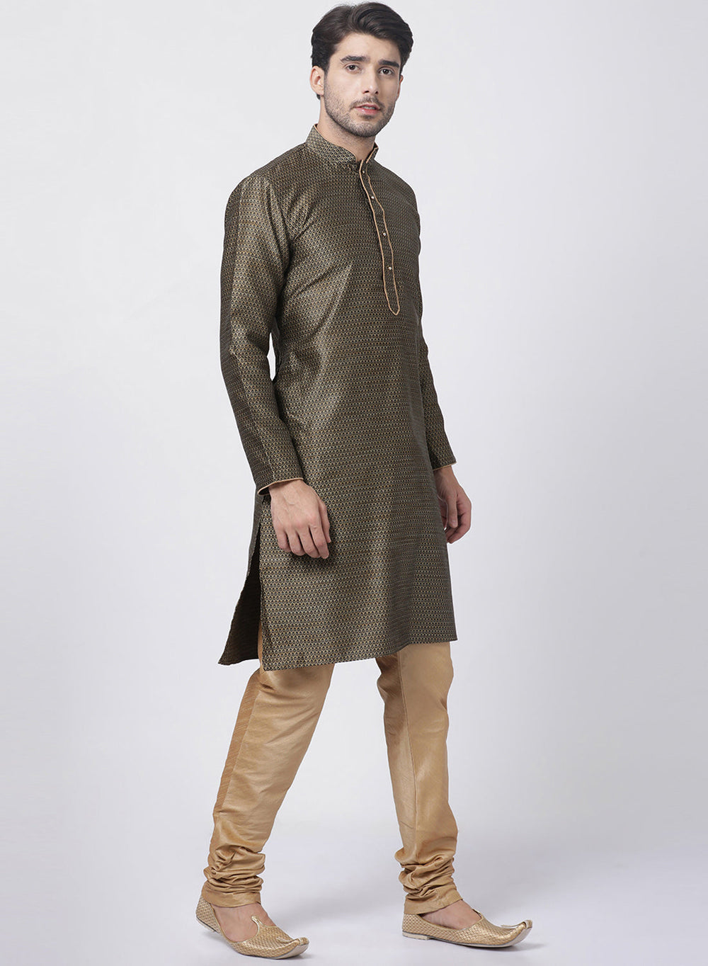 Sarvati Men's Black Cotton Silk Blend Kurta and Pyjama Set