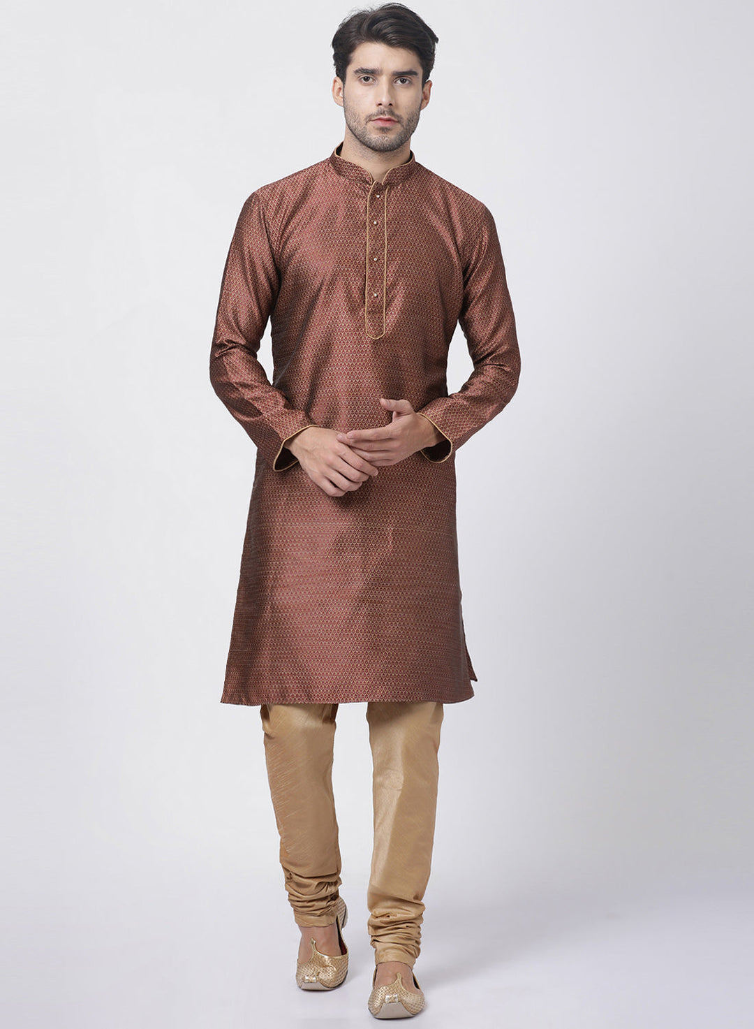 Sarvati Men's Maroon Cotton Silk Blend Kurta and Pyjama Set