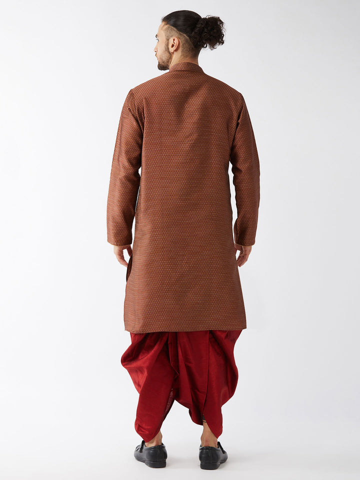 Sarvati Men's Maroon Silk Blend Kurta And Dhoti Set