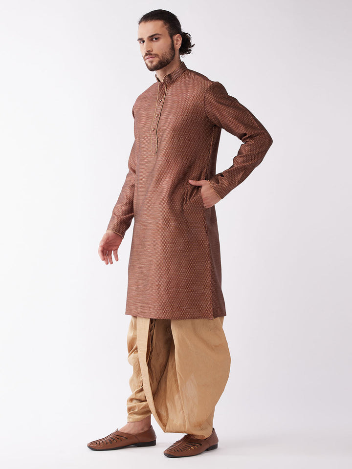 Sarvati Men's Maroon And Rose Gold Silk Blend Kurta And Dhoti Set