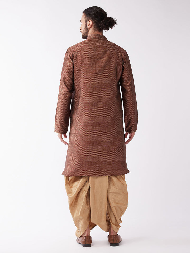 Sarvati Men's Maroon And Rose Gold Silk Blend Kurta And Dhoti Set