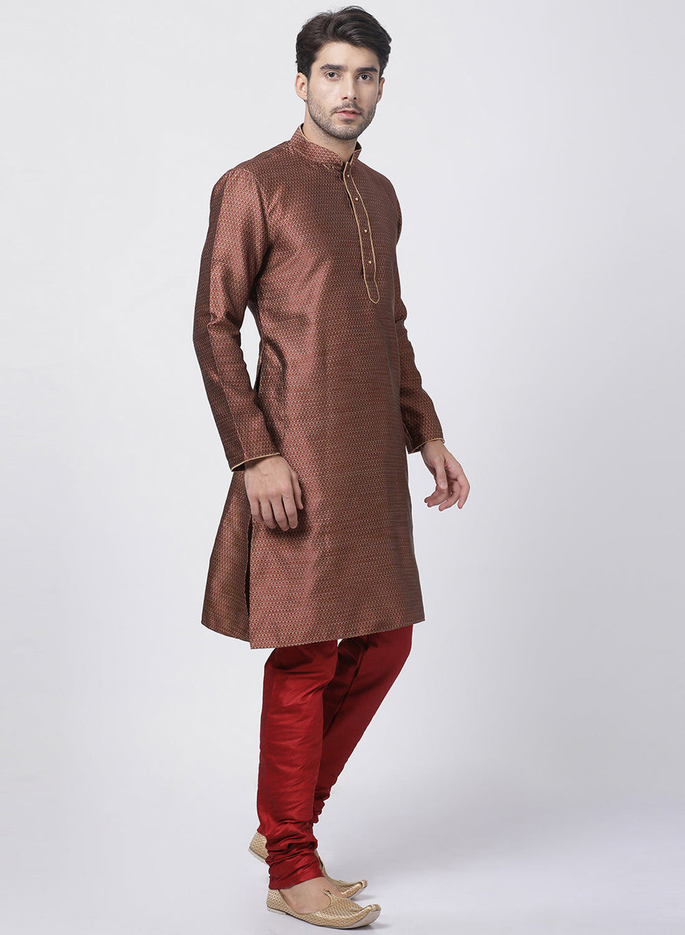 Sarvati Men's Maroon Cotton Silk Blend Kurta and Pyjama Set