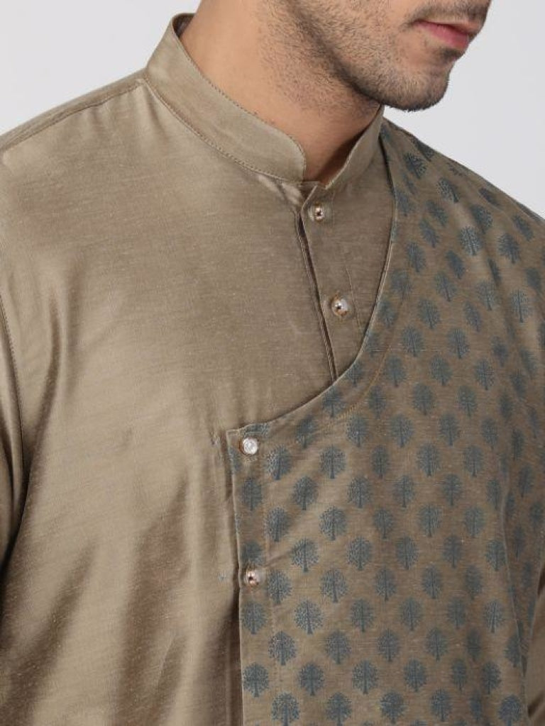 Sarvati Men's Copper-toned Cotton Silk Blend Kurta and Churidar Set