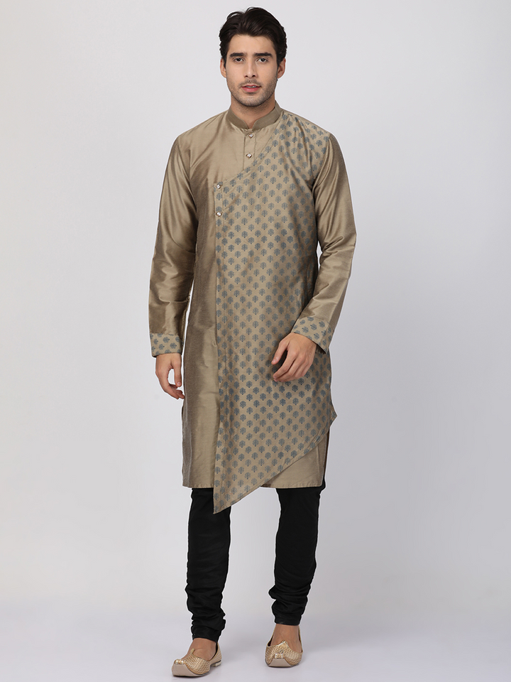 Sarvati Men's Copper-toned Cotton Silk Blend Kurta and Churidar Set