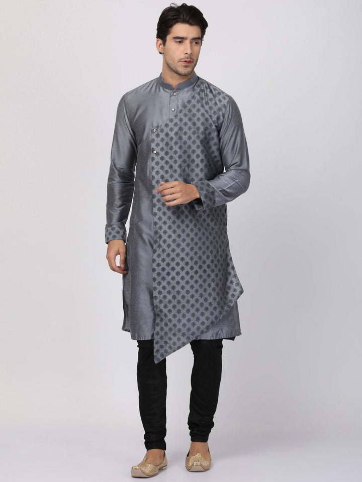 Sarvati Men's Grey Cotton Silk Blend Kurta and Churidar Set