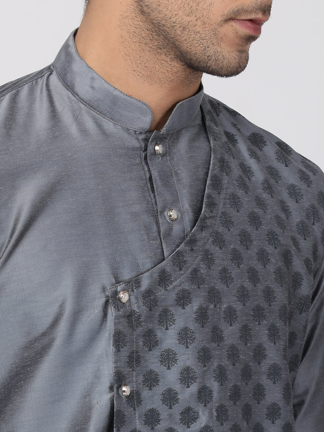 Sarvati Men's Grey Cotton Silk Blend Kurta and Churidar Set