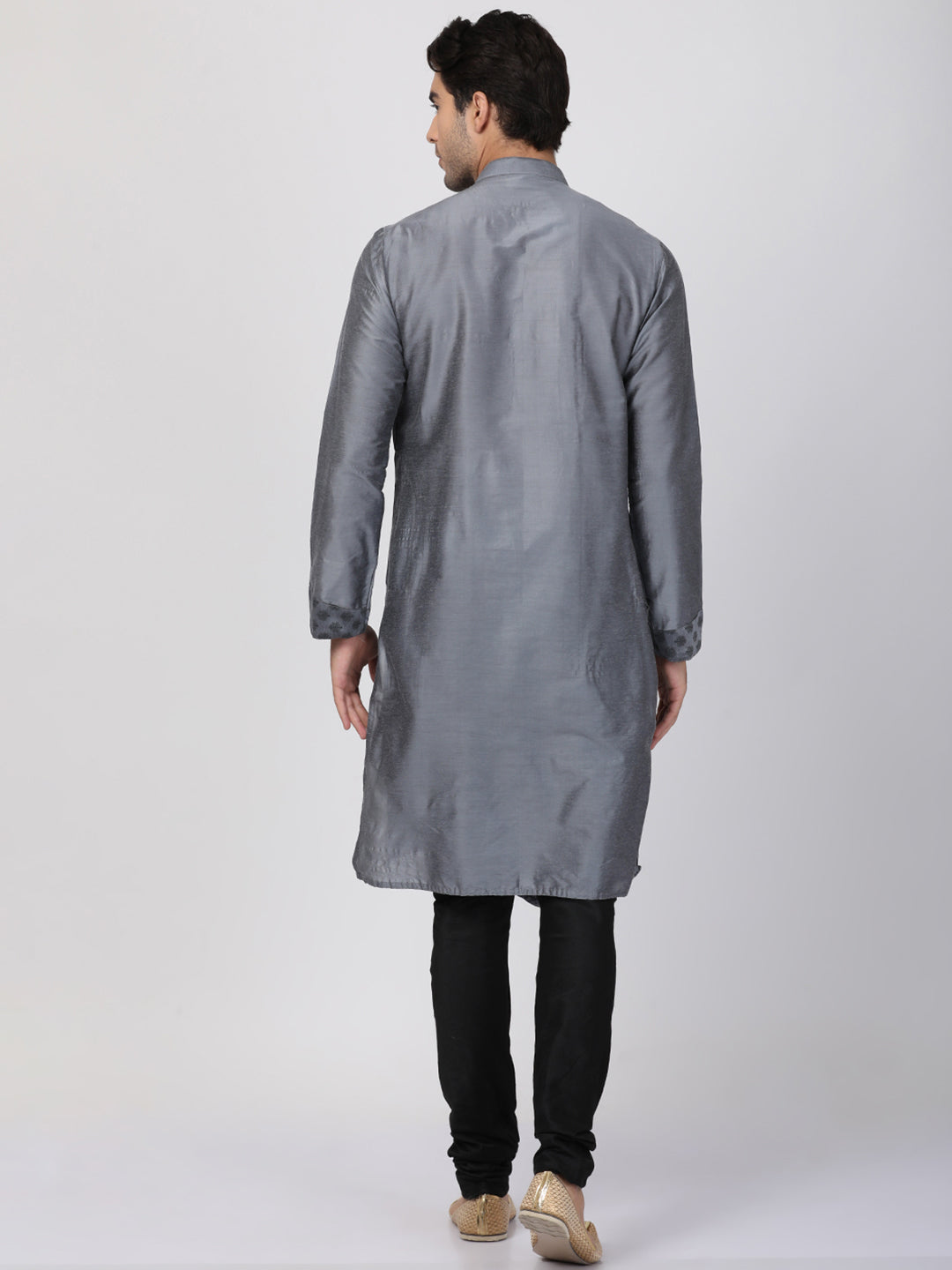 Sarvati Men's Grey Cotton Silk Blend Kurta and Churidar Set