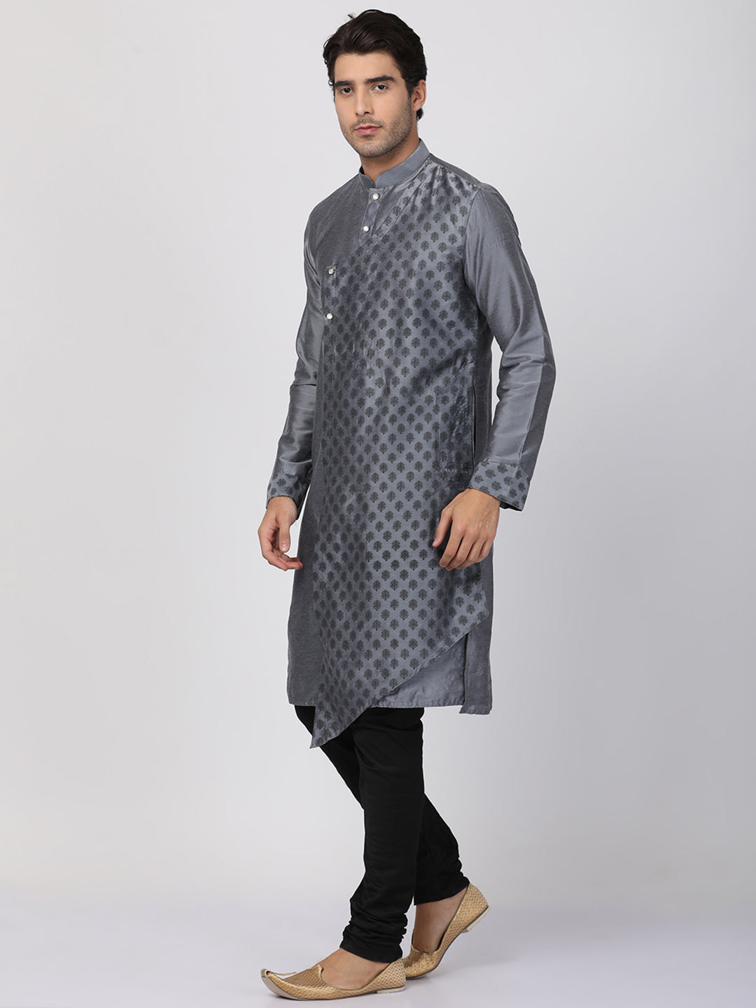 Sarvati Men's Grey Cotton Silk Blend Kurta and Churidar Set