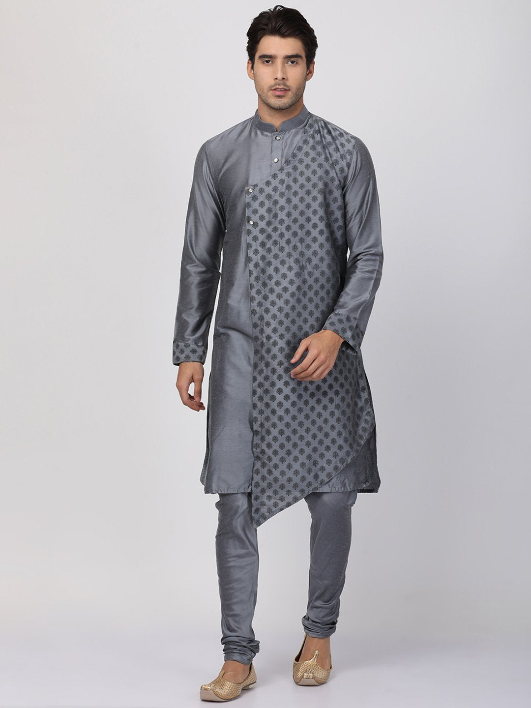 Sarvati Men's Grey Cotton Silk Blend Kurta and Churidar Set