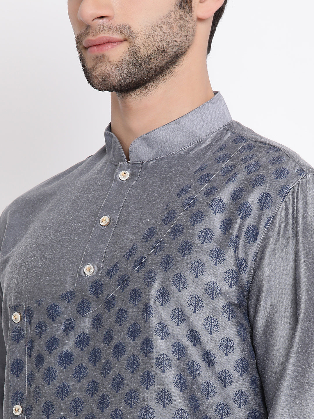 Sarvati Men's Grey Cotton Silk Blend Kurta and Churidar Set