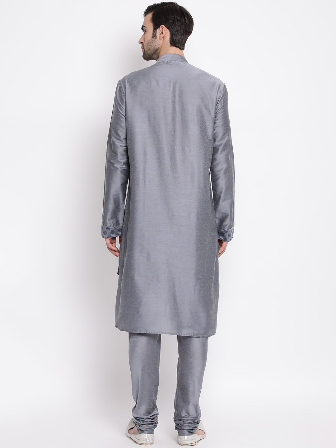 Sarvati Men's Grey Cotton Silk Blend Kurta and Churidar Set