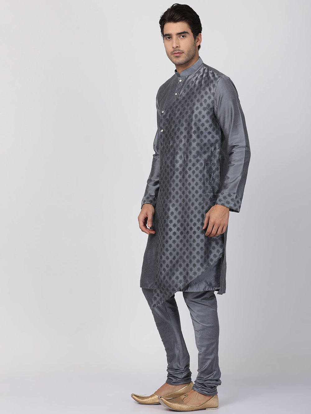 Sarvati Men's Grey Cotton Silk Blend Kurta and Churidar Set