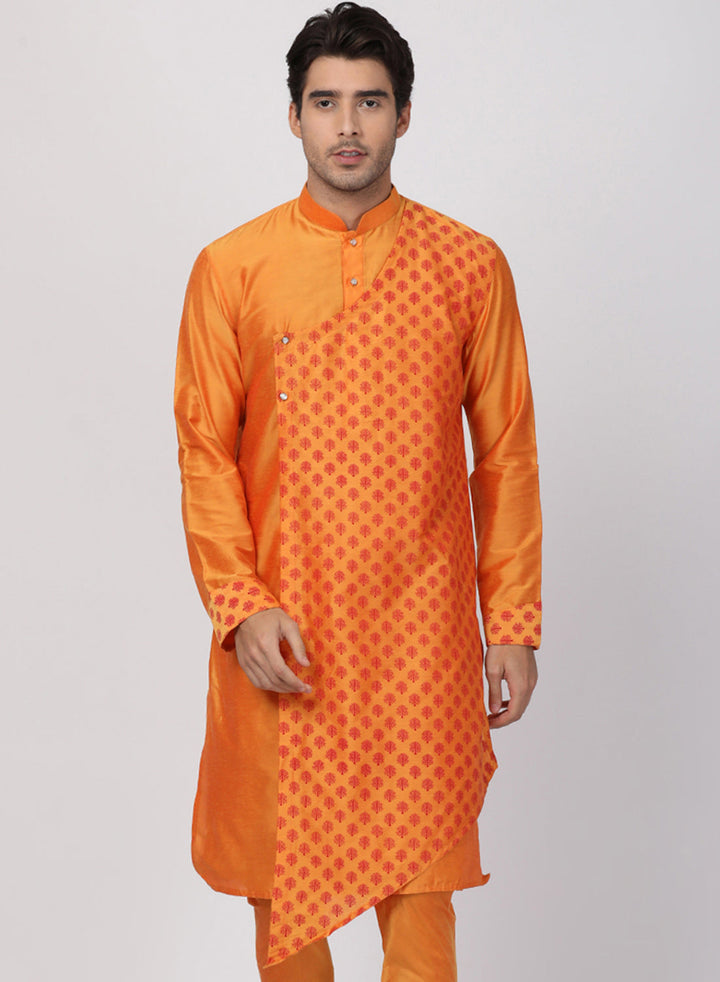Men's Orange Cotton Silk Blend Kurta