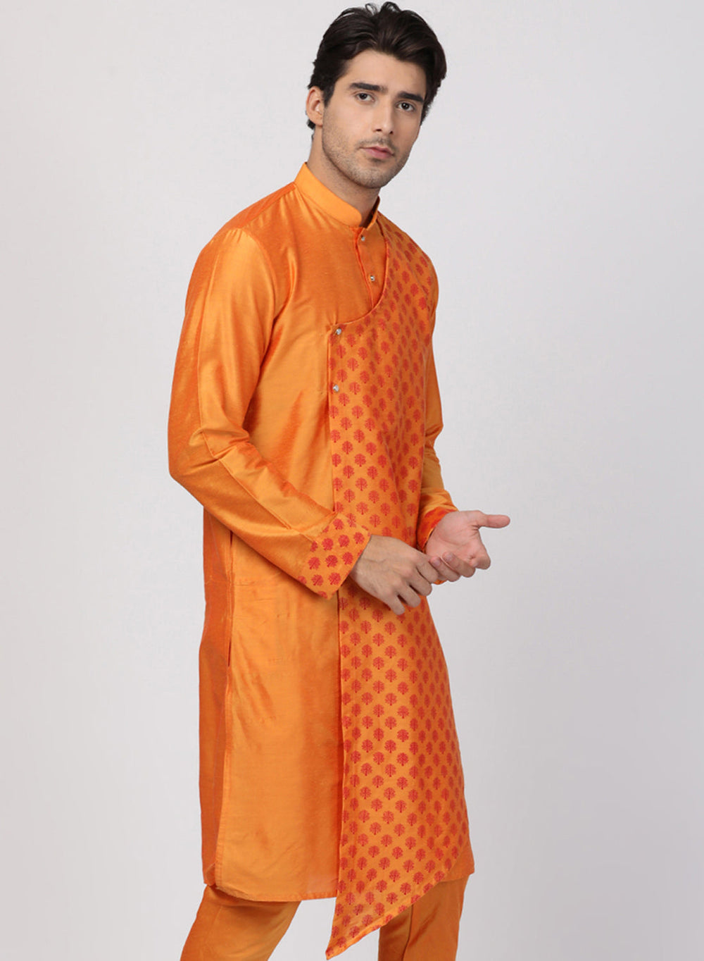 Men's Orange Cotton Silk Blend Kurta