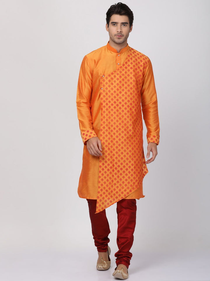 Sarvati Men's Orange Cotton Silk Blend Kurta and Churidar Set