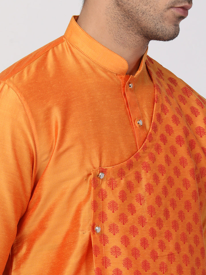 Sarvati Men's Orange Cotton Silk Blend Kurta and Churidar Set