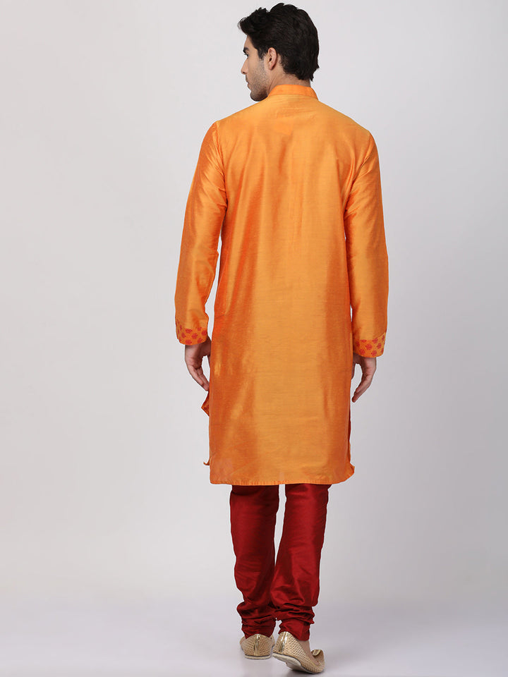 Sarvati Men's Orange Cotton Silk Blend Kurta and Churidar Set