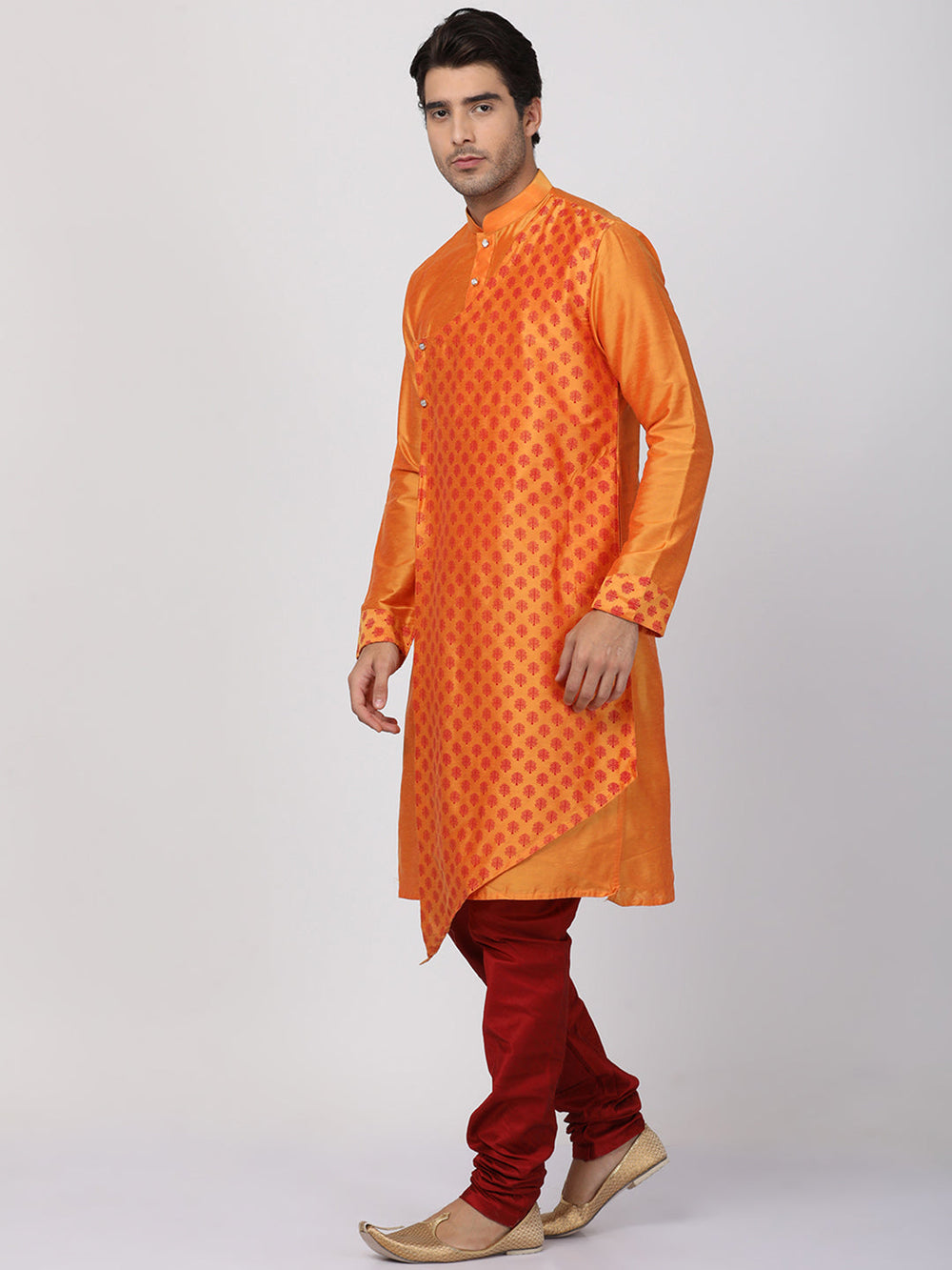 Sarvati Men's Orange Cotton Silk Blend Kurta and Churidar Set