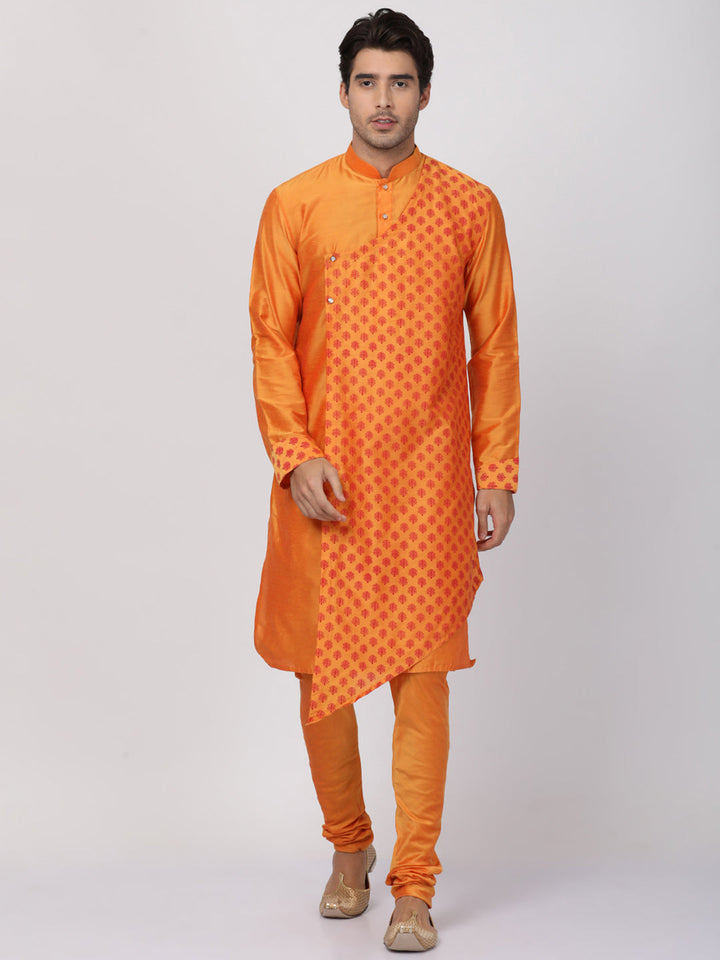 Men's Orange Cotton Silk Blend Kurta