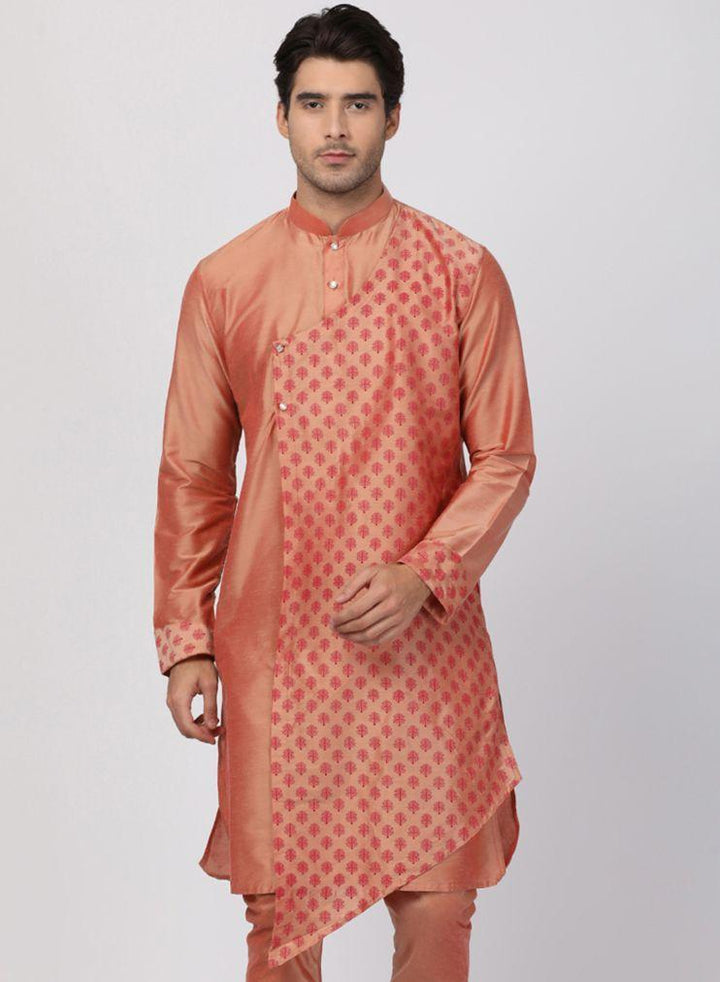 Men's Peach Cotton Silk Blend Kurta