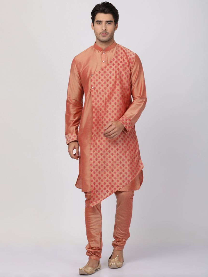 Men's Peach Cotton Silk Blend Kurta