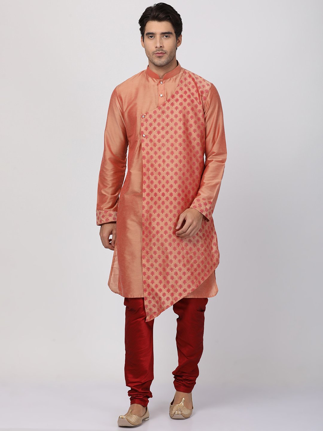 Sarvati Men's Peach Cotton Silk Blend Kurta and Churidar Set