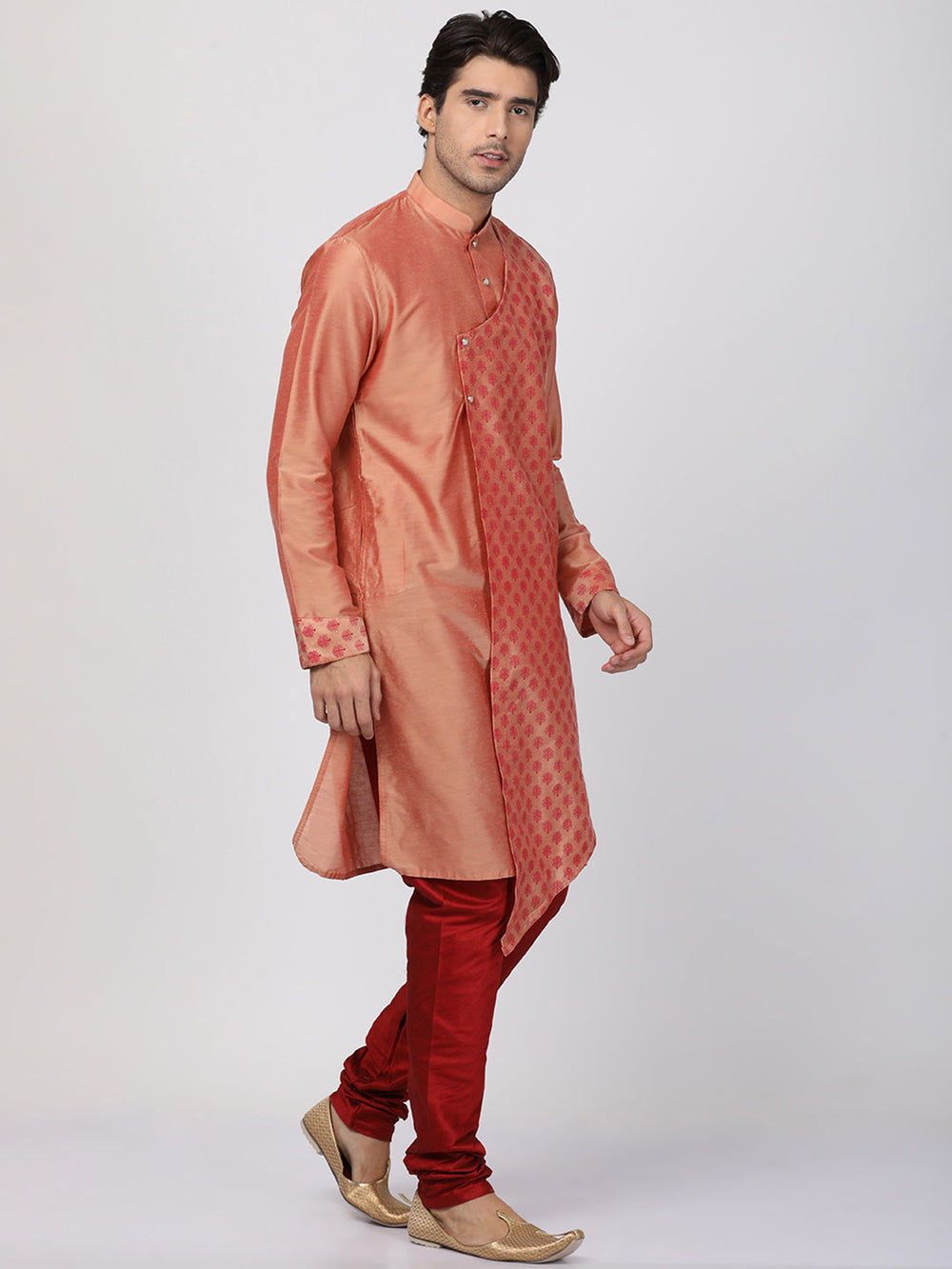 Sarvati Men's Peach Cotton Silk Blend Kurta and Churidar Set