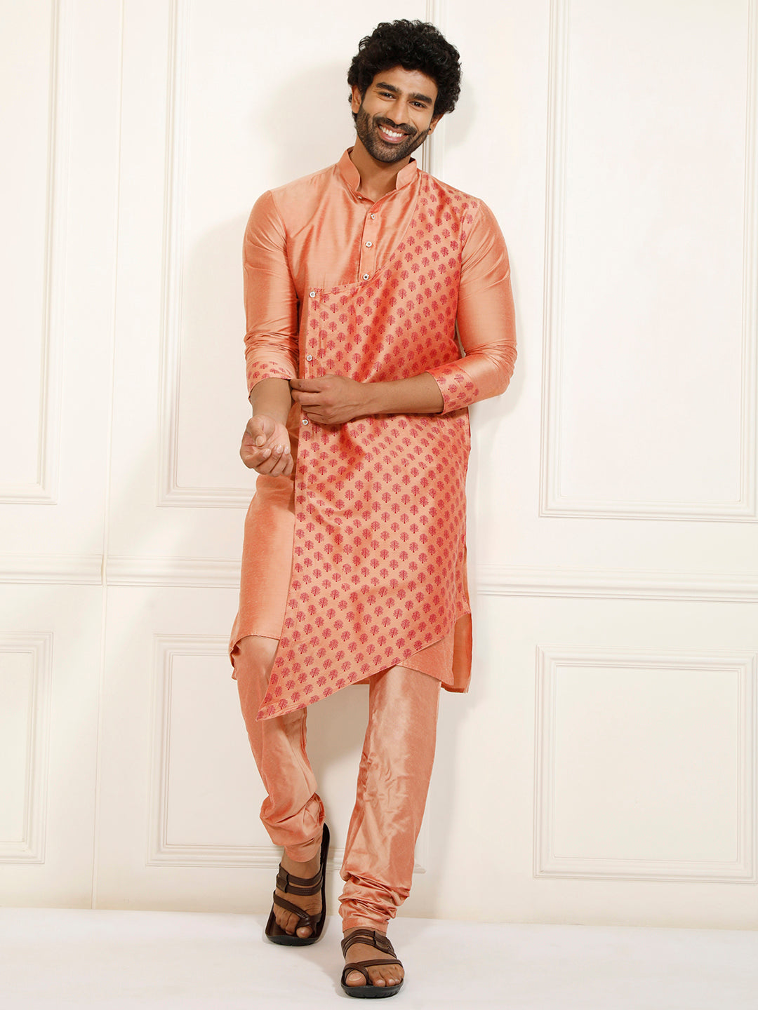 Sarvati Men's Peach Cotton Silk Blend Kurta and Churidar Set