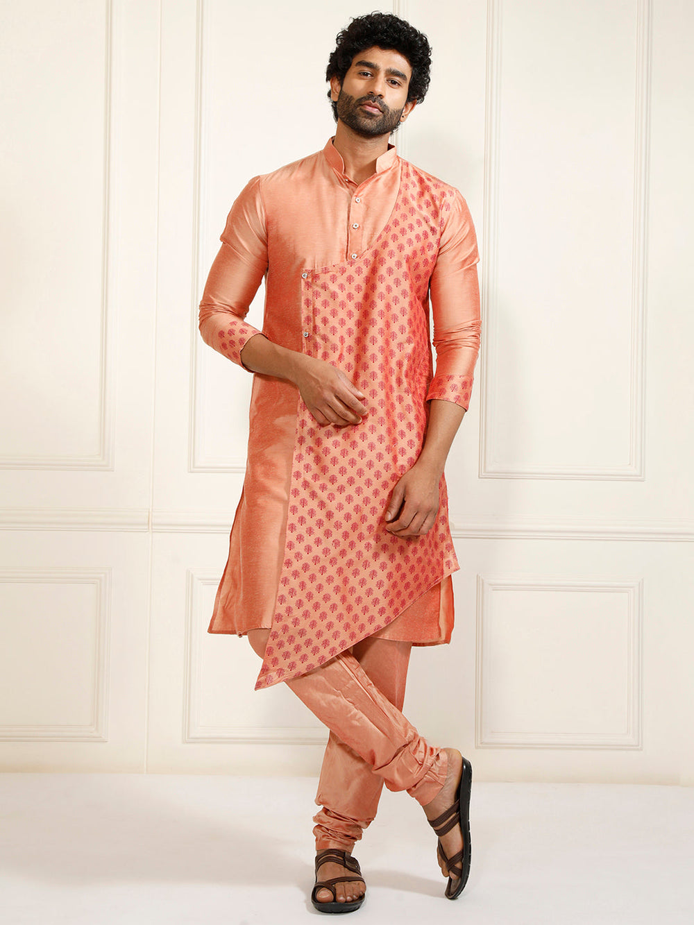 Sarvati Men's Peach Cotton Silk Blend Kurta and Churidar Set