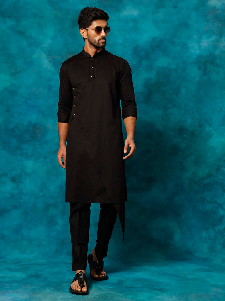 Sarvati Men's Black Cotton Satin Blend Kurta Pyjama Set