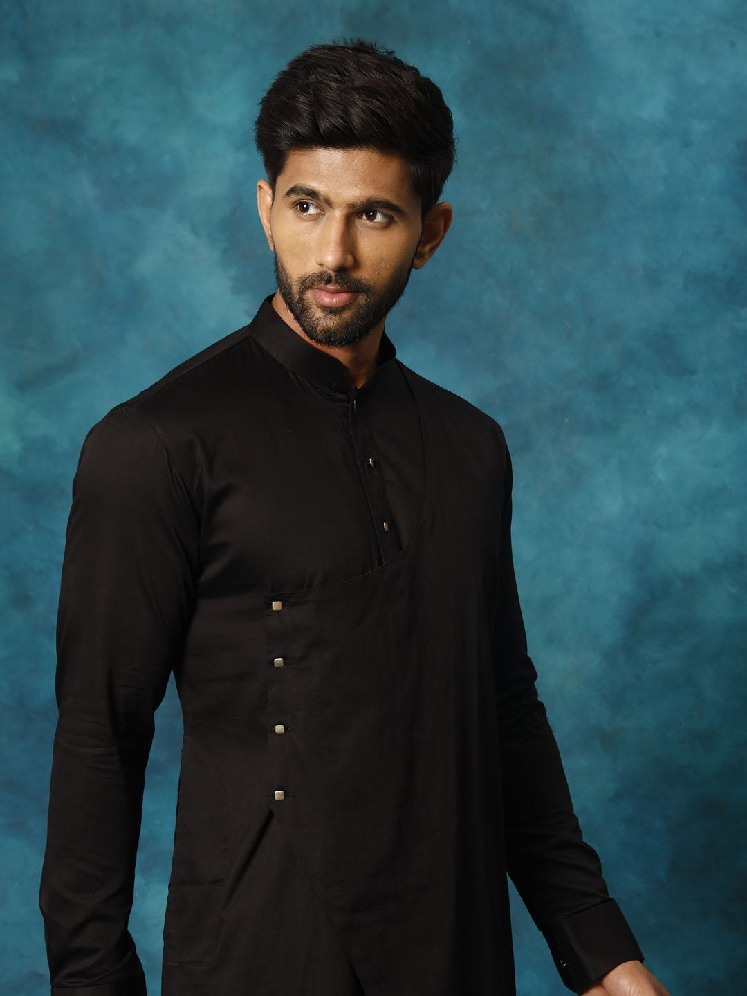 Sarvati Men's Black Cotton Satin Blend Kurta Pyjama Set