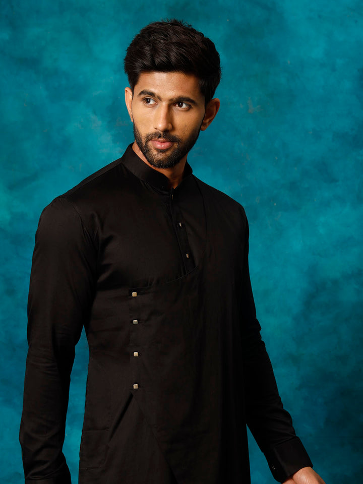 Sarvati Men's Black Cotton Satin Blend Kurta Pyjama Set