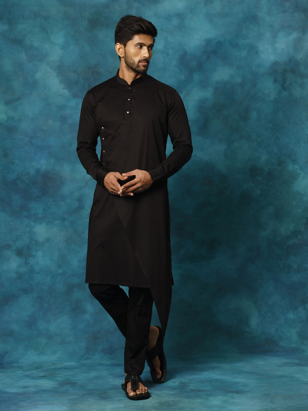 Sarvati Men's Black Cotton Satin Blend Kurta Pyjama Set