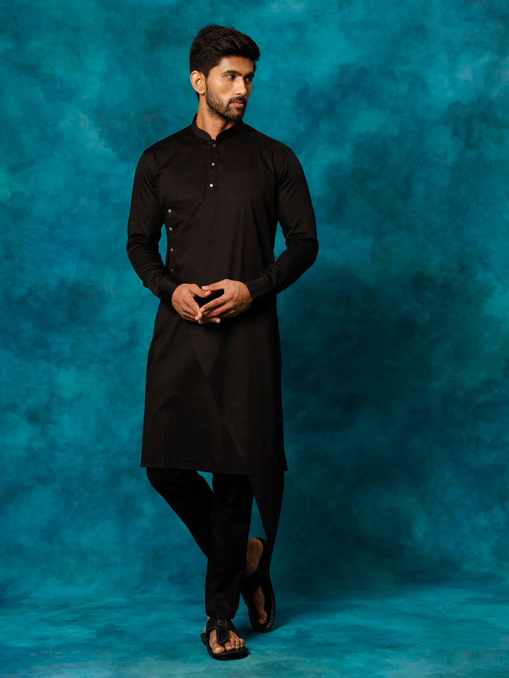 Sarvati Men's Black Cotton Satin Blend Kurta Pyjama Set