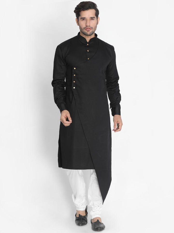 Sarvati Men's Black Cotton Satin Blend Kurta and Churidar Set