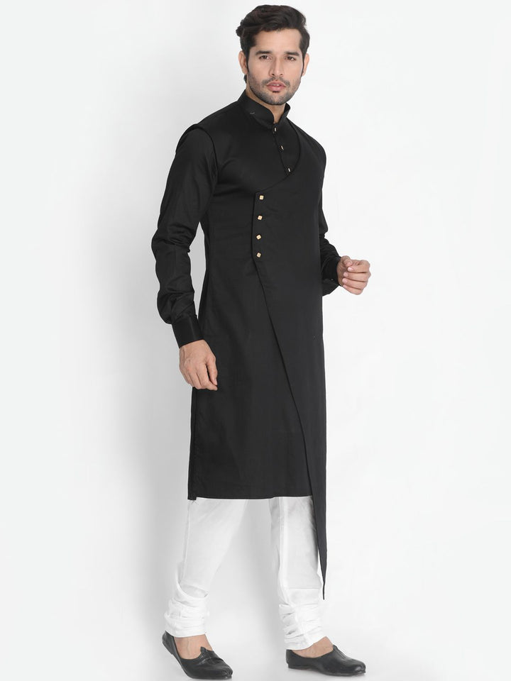 Sarvati Men's Black Cotton Satin Blend Kurta and Churidar Set