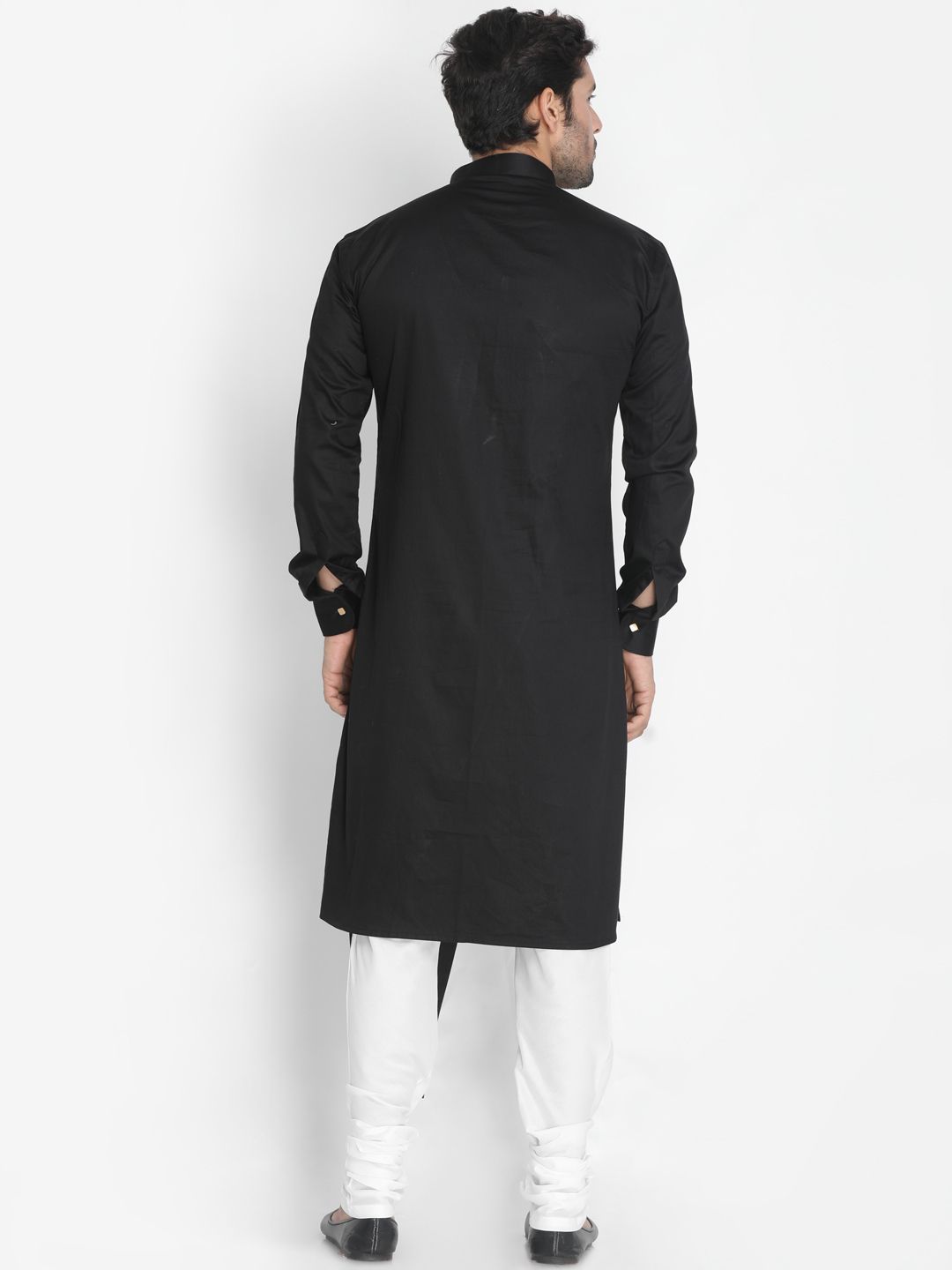 Sarvati Men's Black Cotton Satin Blend Kurta and Churidar Set