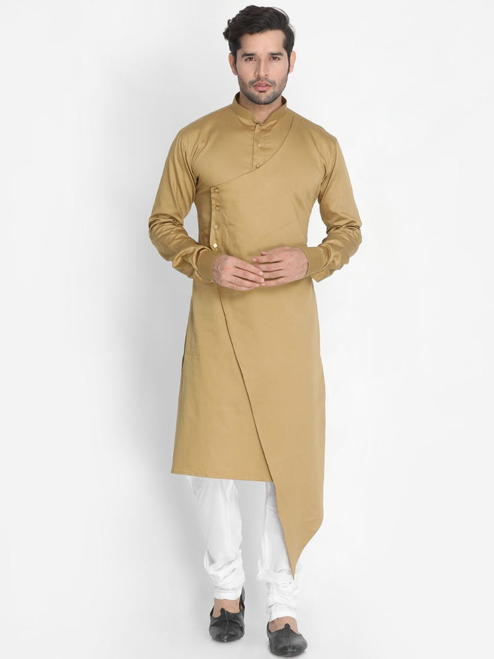 Sarvati Men's Beige Cotton Silk Blend Kurta and Churidar Set