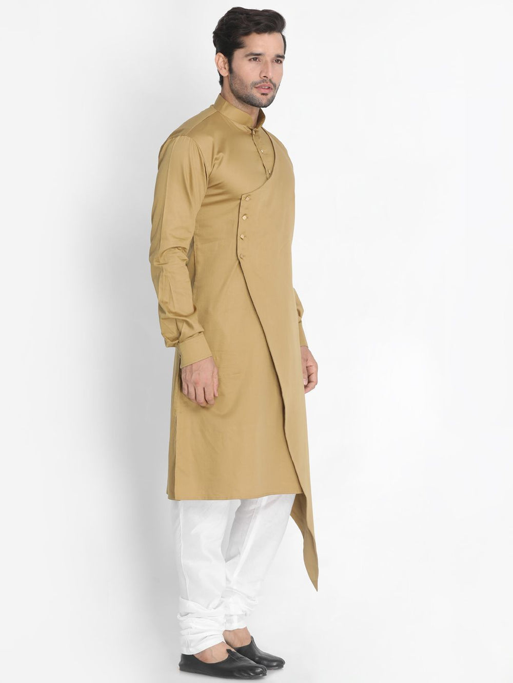 Sarvati Men's Beige Cotton Silk Blend Kurta and Churidar Set