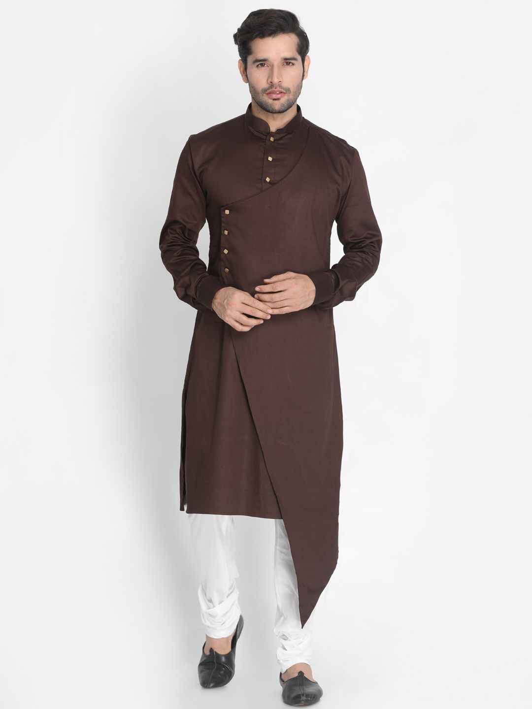 Sarvati Men's Brown Cotton Silk Blend Kurta and Churidar Set